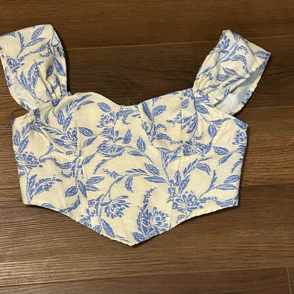 SHEIN Cream Crop Bustier Top with Blue Floral Print